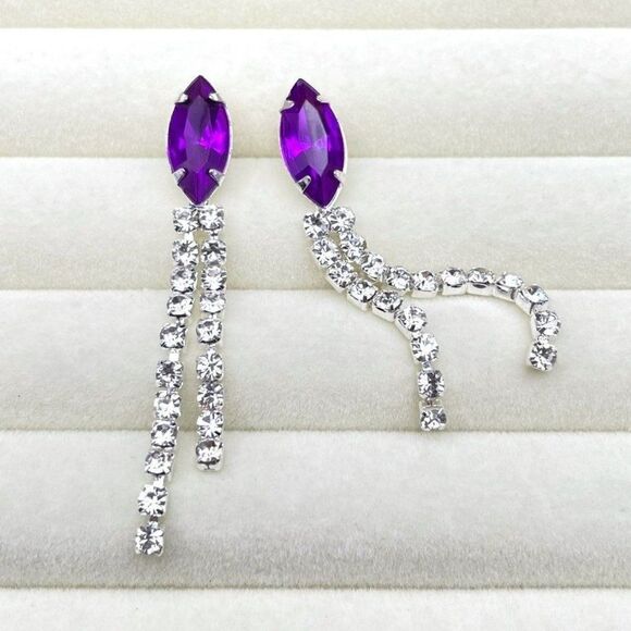 Silver with Purple Amethyst and White Diamond Crystal Dangling Post Earrings - Picture 5 of 10